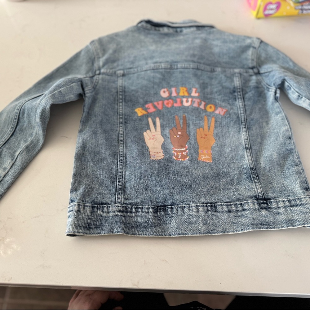 Barbie Light Wash Denim Jacket with Pink Script Logo